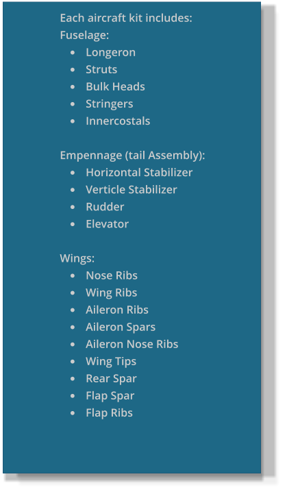 Each aircraft kit includes: Fuselage: •	Longeron •	Struts •	Bulk Heads •	Stringers •	Innercostals Empennage (tail Assembly): •	Horizontal Stabilizer •	Verticle Stabilizer •	Rudder •	Elevator  Wings: •	Nose Ribs •	Wing Ribs •	Aileron Ribs •	Aileron Spars •	Aileron Nose Ribs •	Wing Tips •	Rear Spar •	Flap Spar •	Flap Ribs